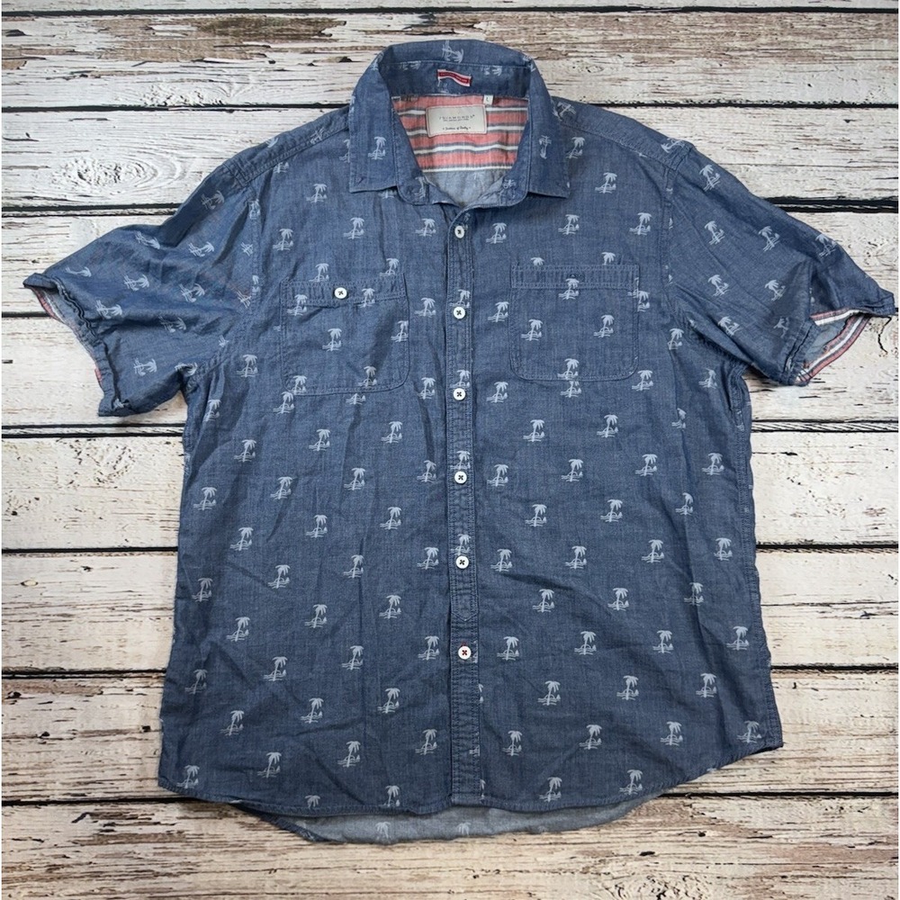 7 Diamonds Shirt Mens Large Blue Palm Tree‎ Hawaiian S/S Preppy Dressy Classy